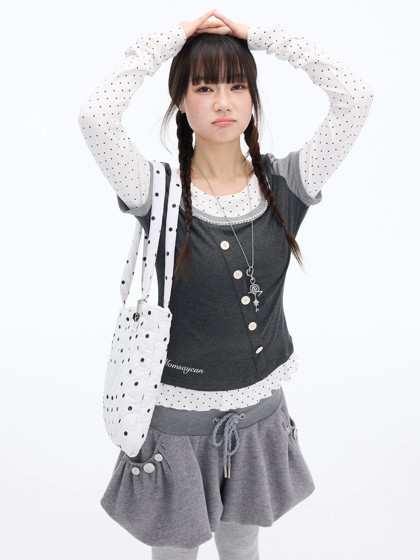 Polka Dot Lace Layered Fitted Long Sleeve Tee OL2397