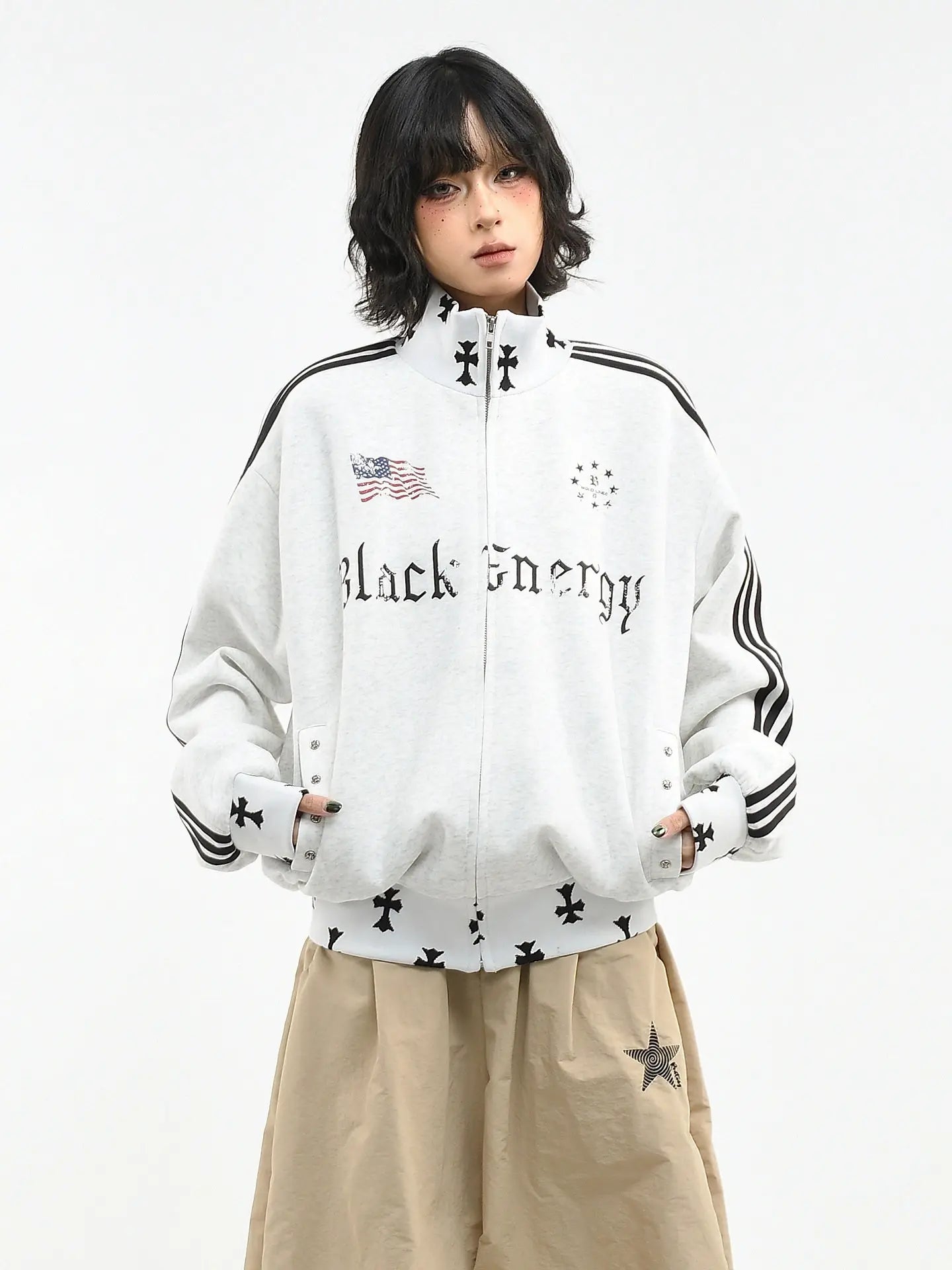 Vintage Three Stripe Stand Collar Zip Hoodie   OL2234