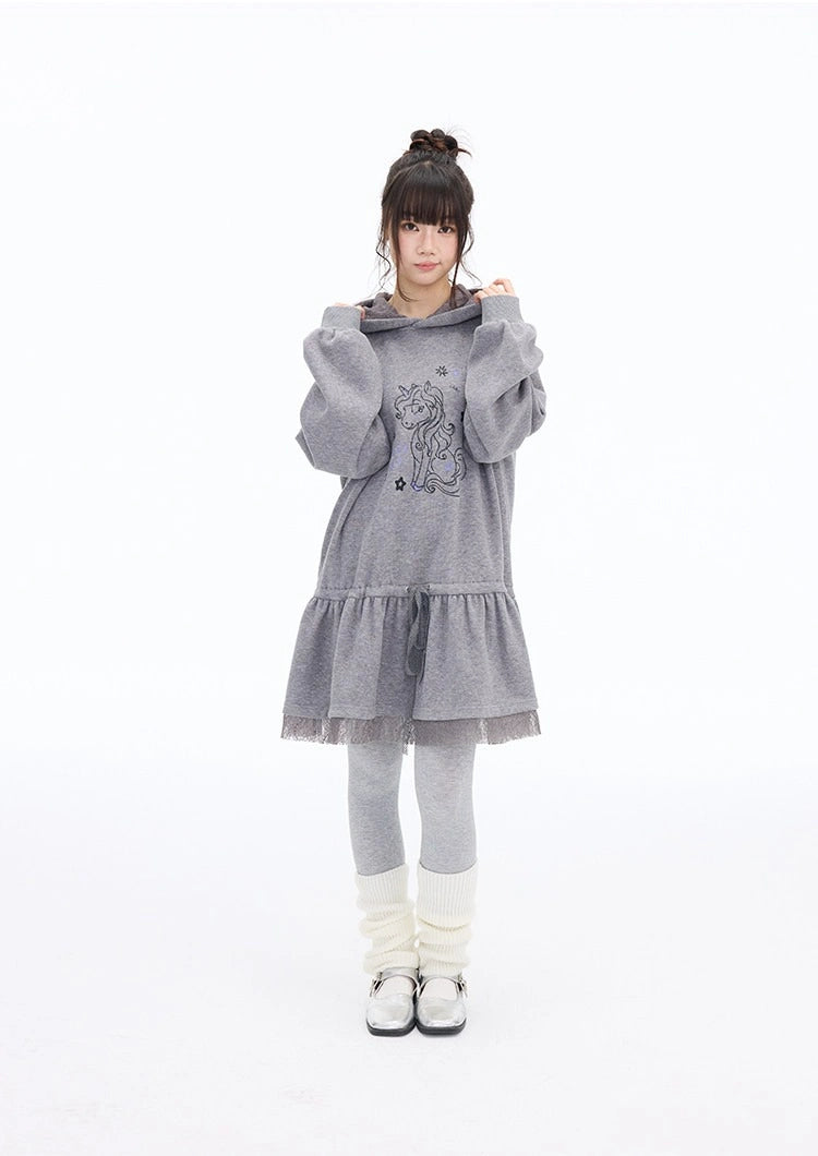 Pony Graphic Long Hooded Sweatshirt Dress OL2398