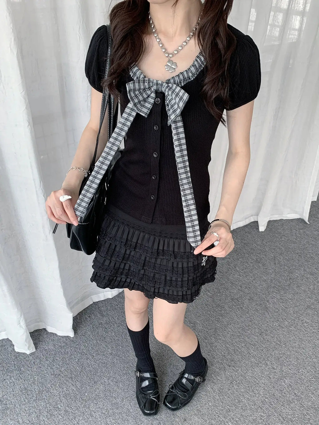 Plaid Bow Puff Sleeve Tee Y2K oliviroa オリヴィオラ