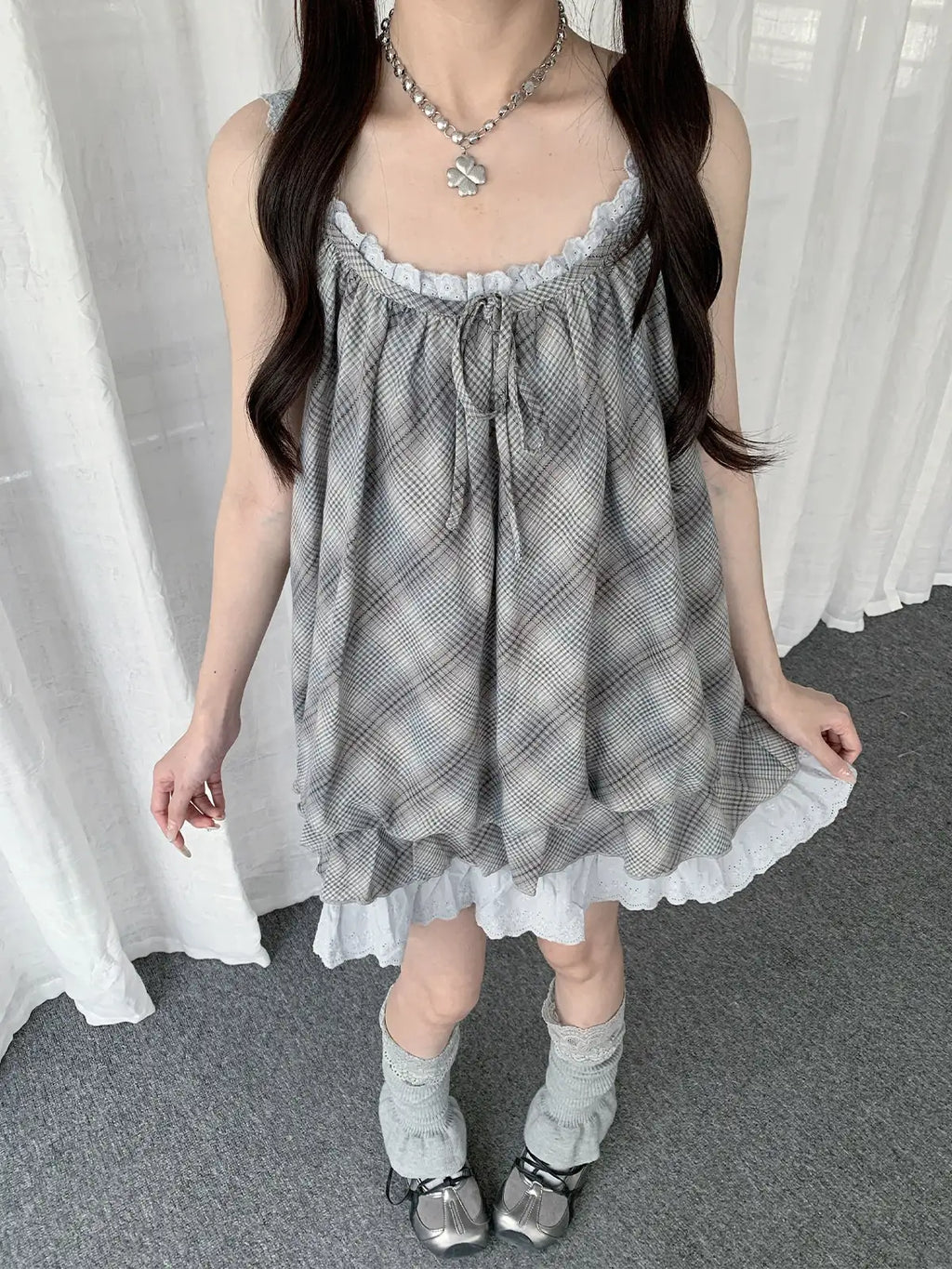 Gingham Lace Frill Cami Dress Y2K OL2325