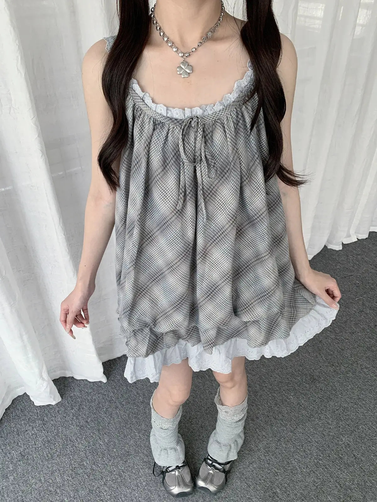 Gingham Lace Frill Cami Dress Y2K OL2325