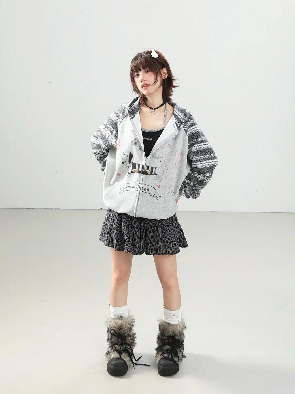 Vintage Dachshund Print Bunny Ear Hoodie Cardigan OL2230