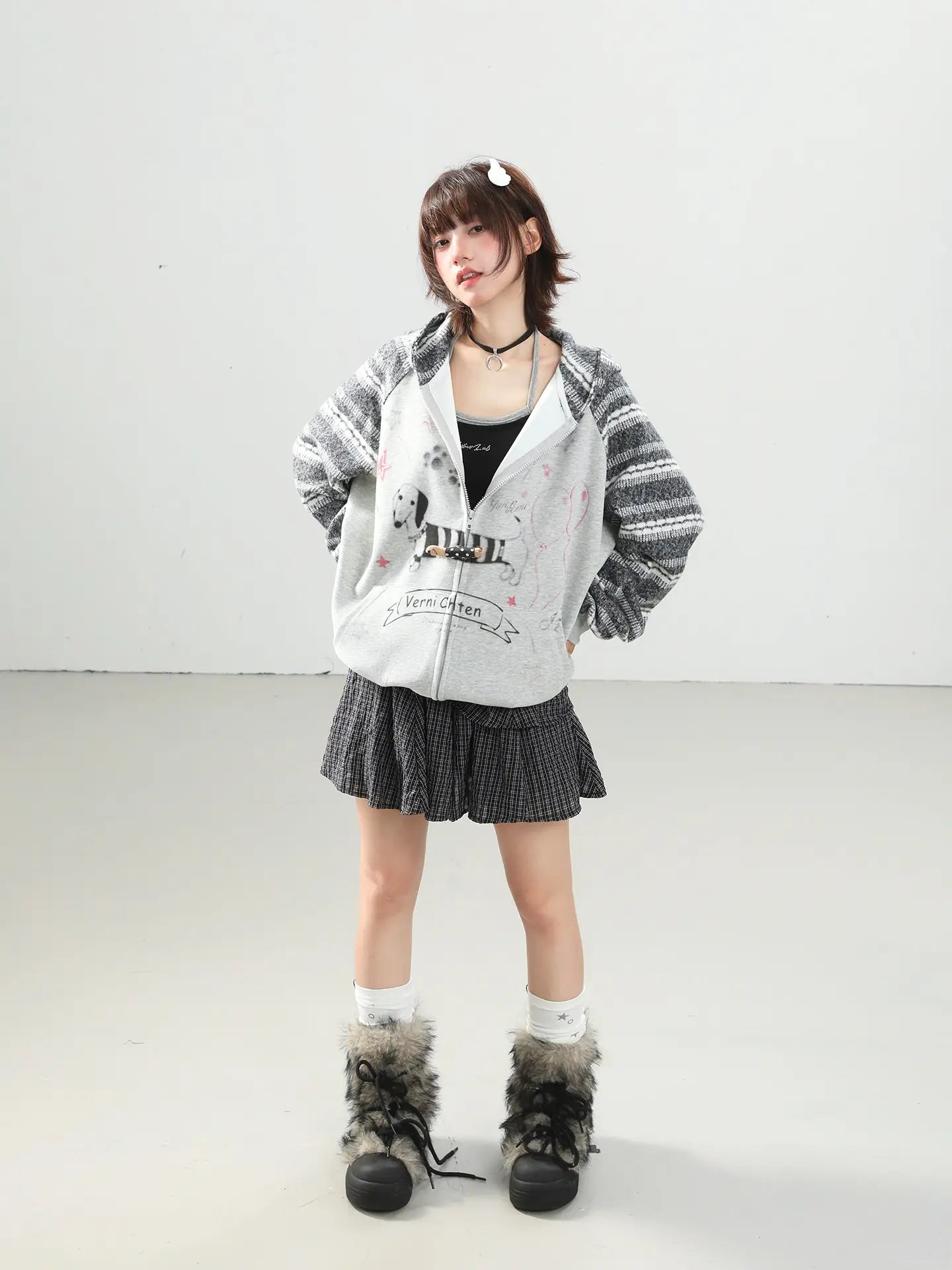 Vintage Dachshund Print Bunny Ear Hoodie Cardigan   OL2230