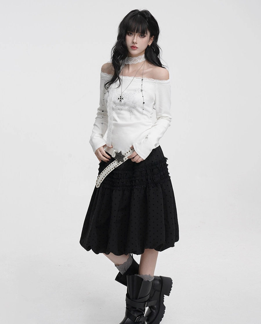Grey Polka Dot Balloon Midi Skirt OL2316