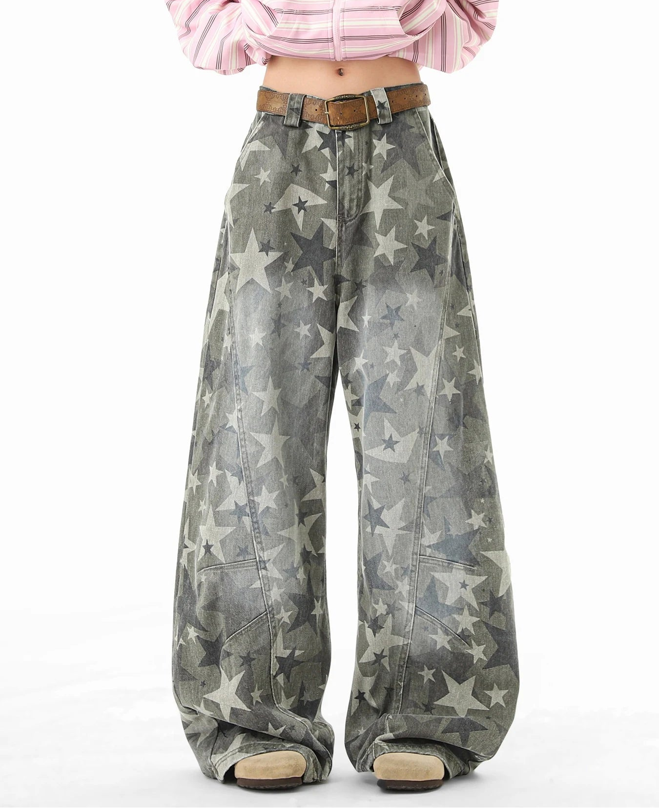 Retro Star Print Wide Cargo Denim Pants OL2320