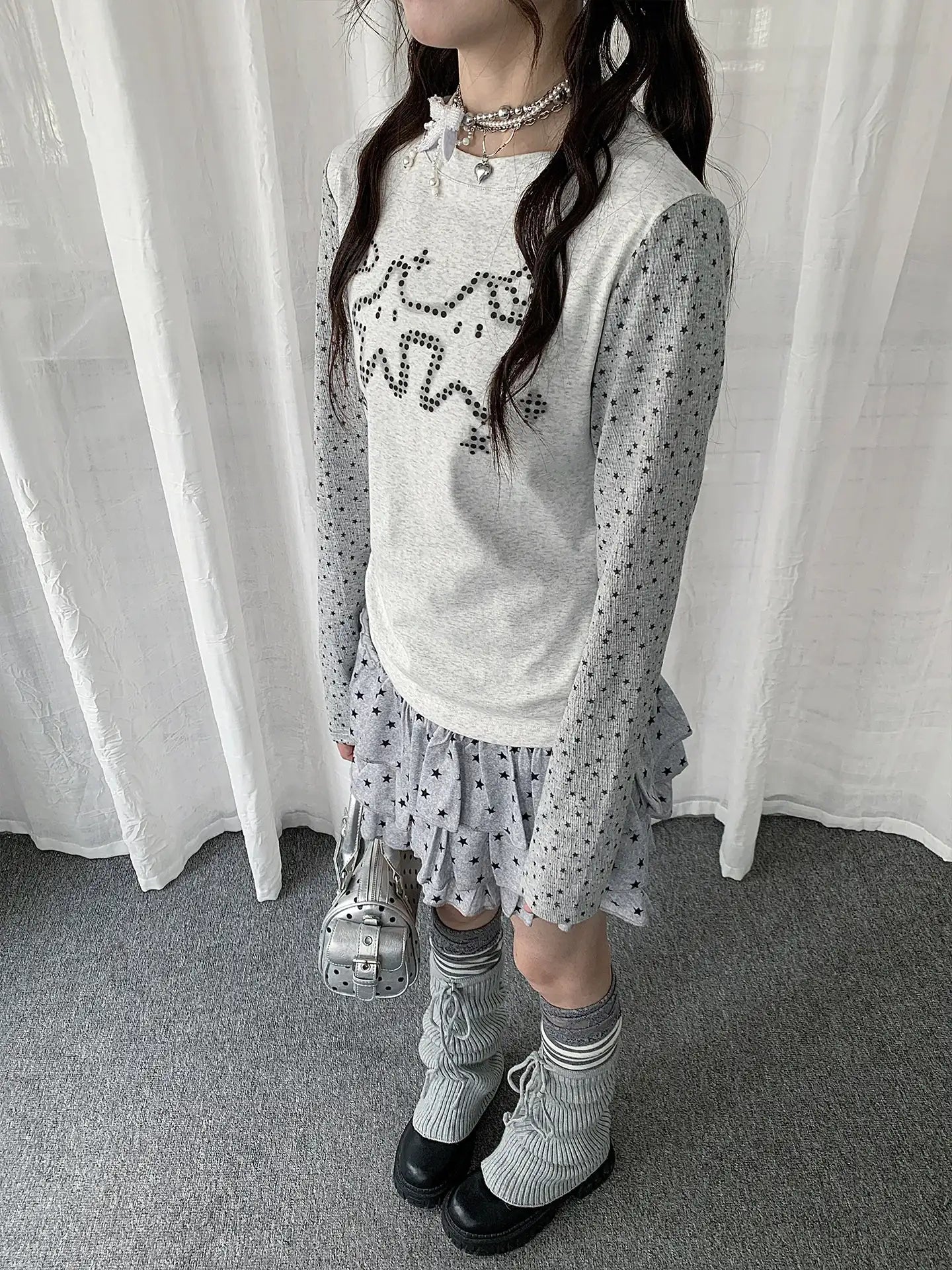Polka Dot Scarf Neck Fitted Long Sleeve Tee oliviroa オリヴィオラ