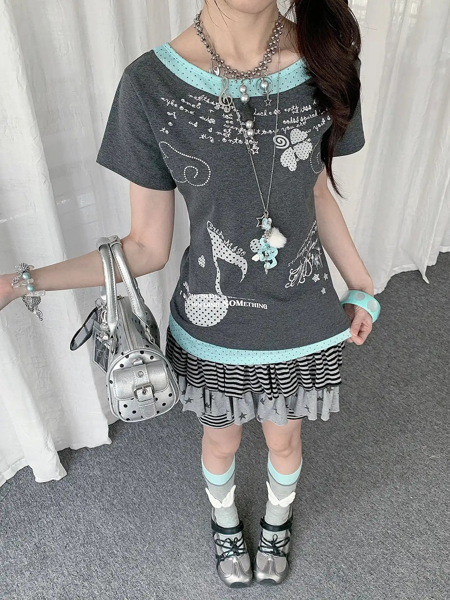 Y2K Polka Dot Rhinestone Layered T-Shirt OL2285