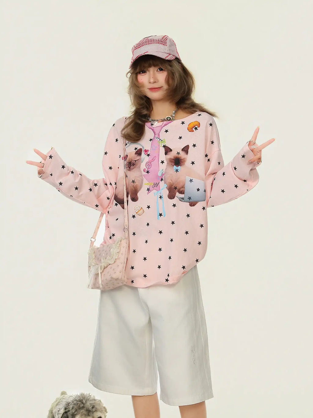 Cat Star Print Off Shoulder Long Sleeve Top OL2345
