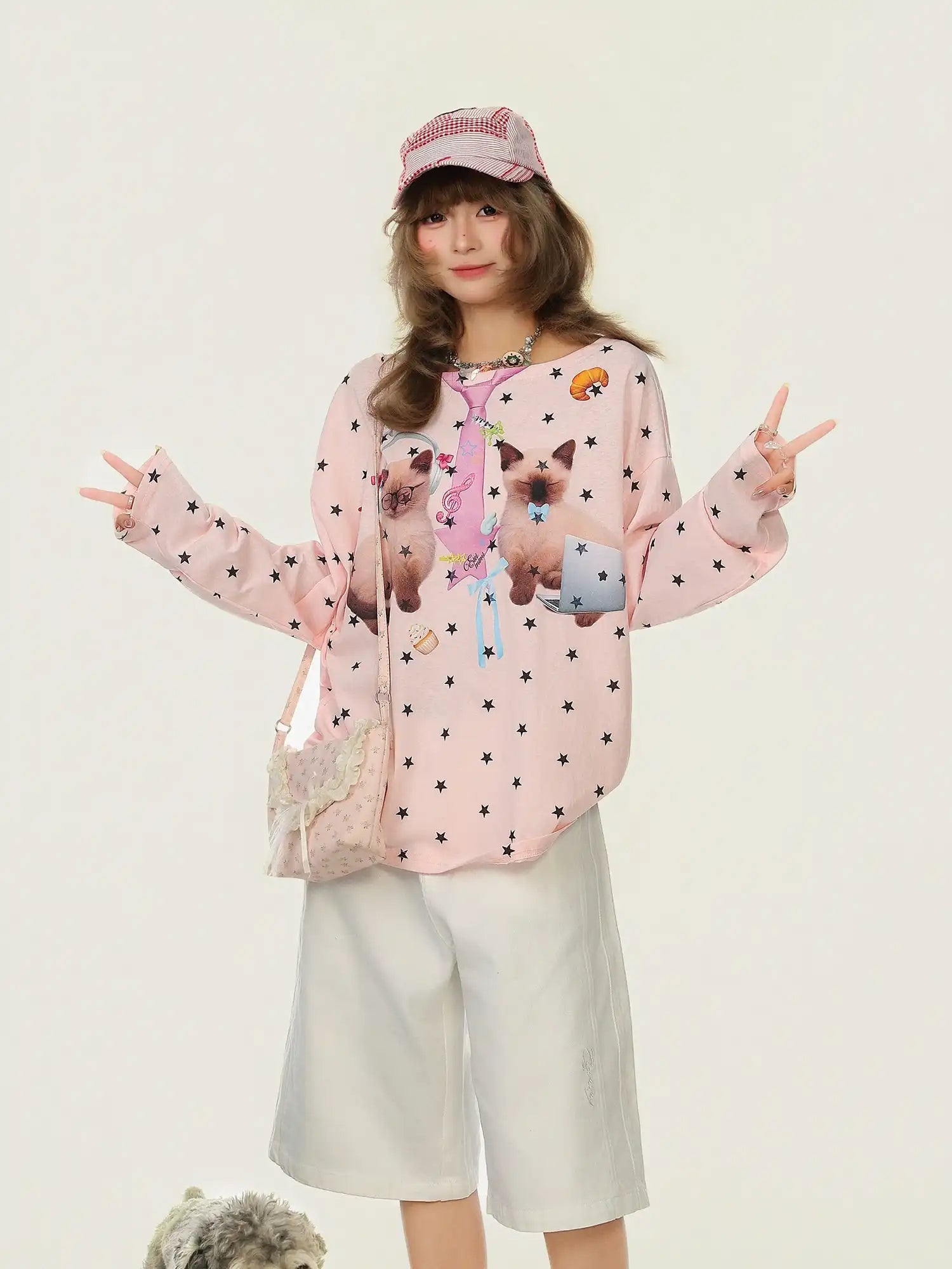 Cat Star Print Off Shoulder Long Sleeve Top OL2345