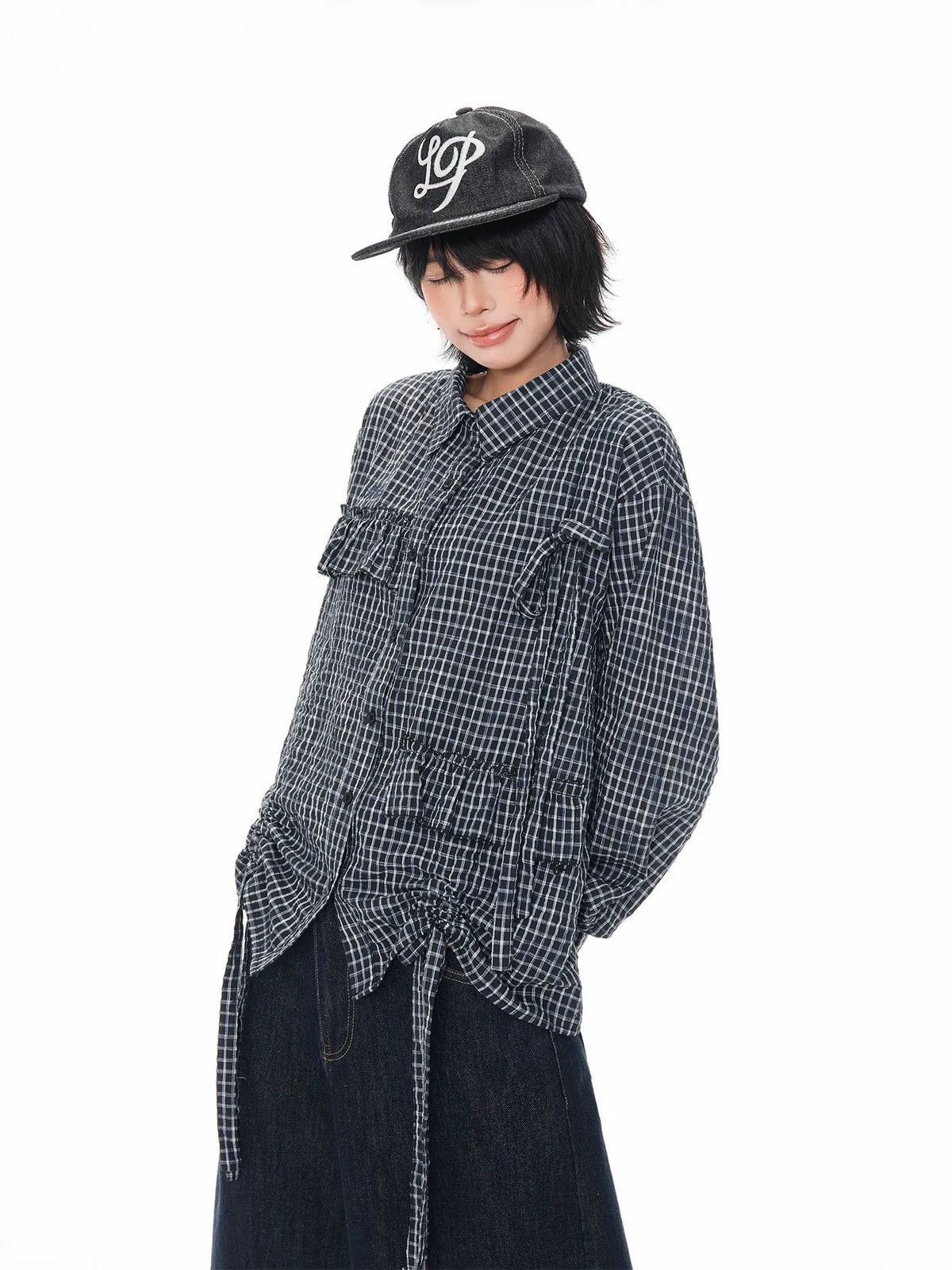 Textured Plaid Drawstring Shirt oliviroa オリヴィオラ