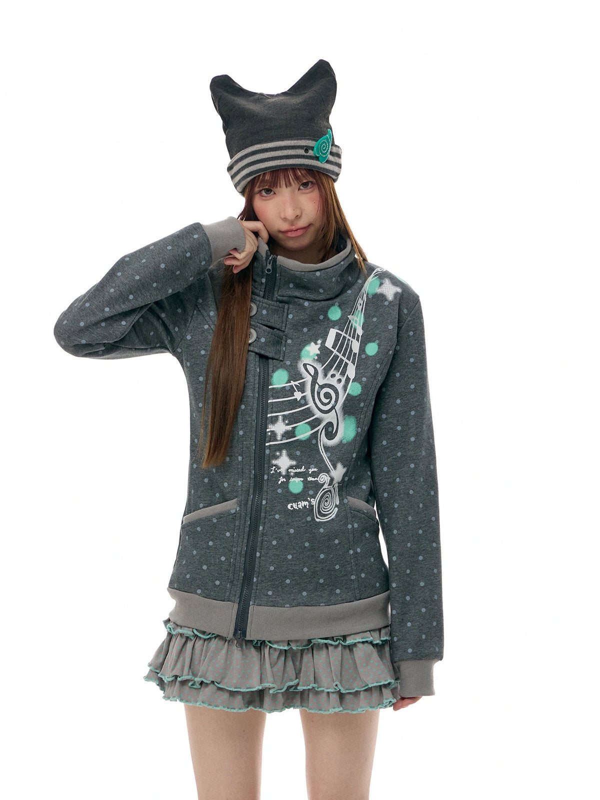 Music Note Polka Dot Stand Collar Zip Jacket oliviroa オリヴィオラ