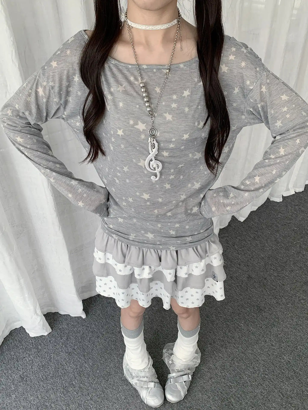 Star Print Slim Long Sleeve Tee OL2282