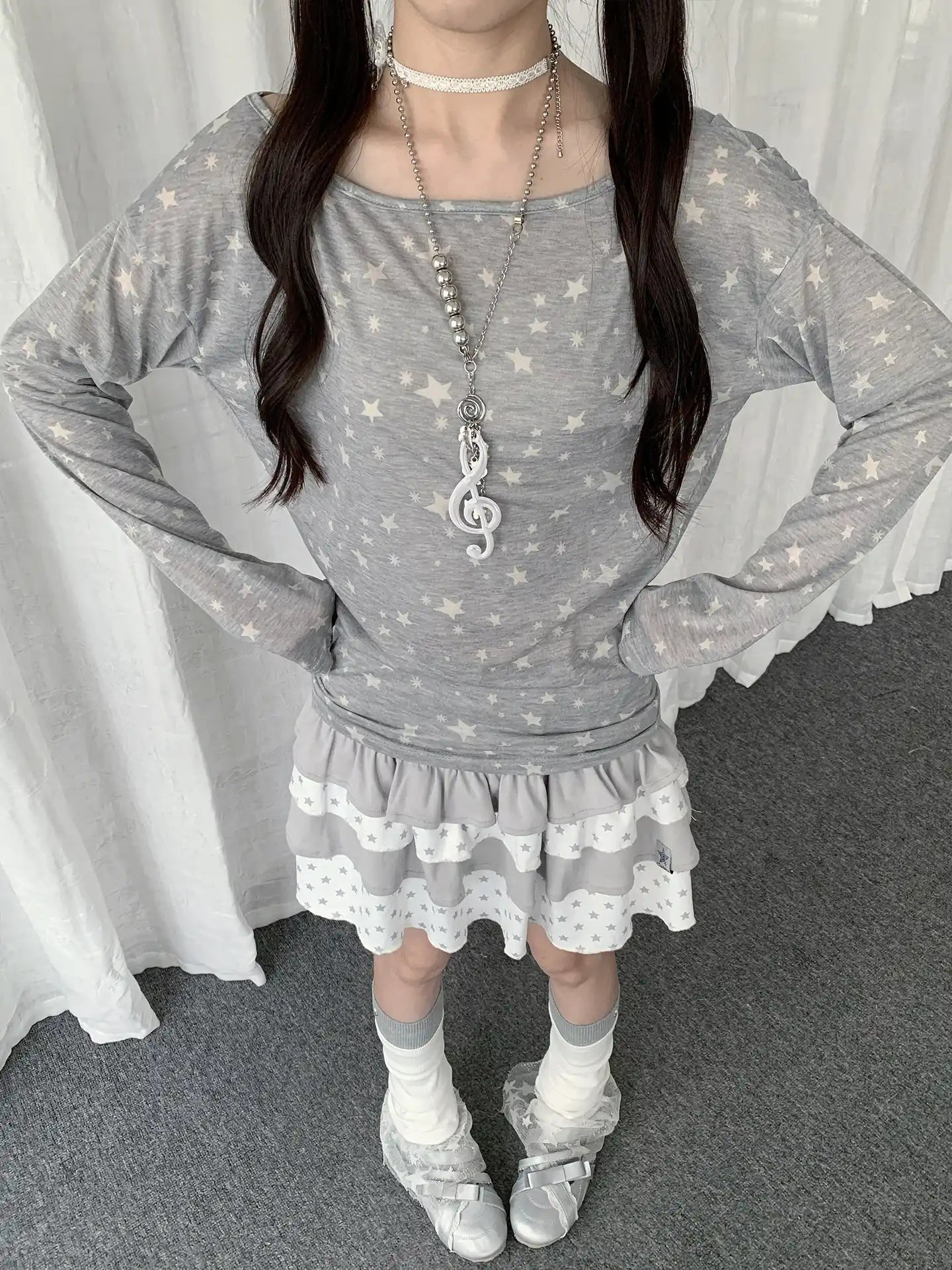 Star Print Slim Long Sleeve Tee OL2282