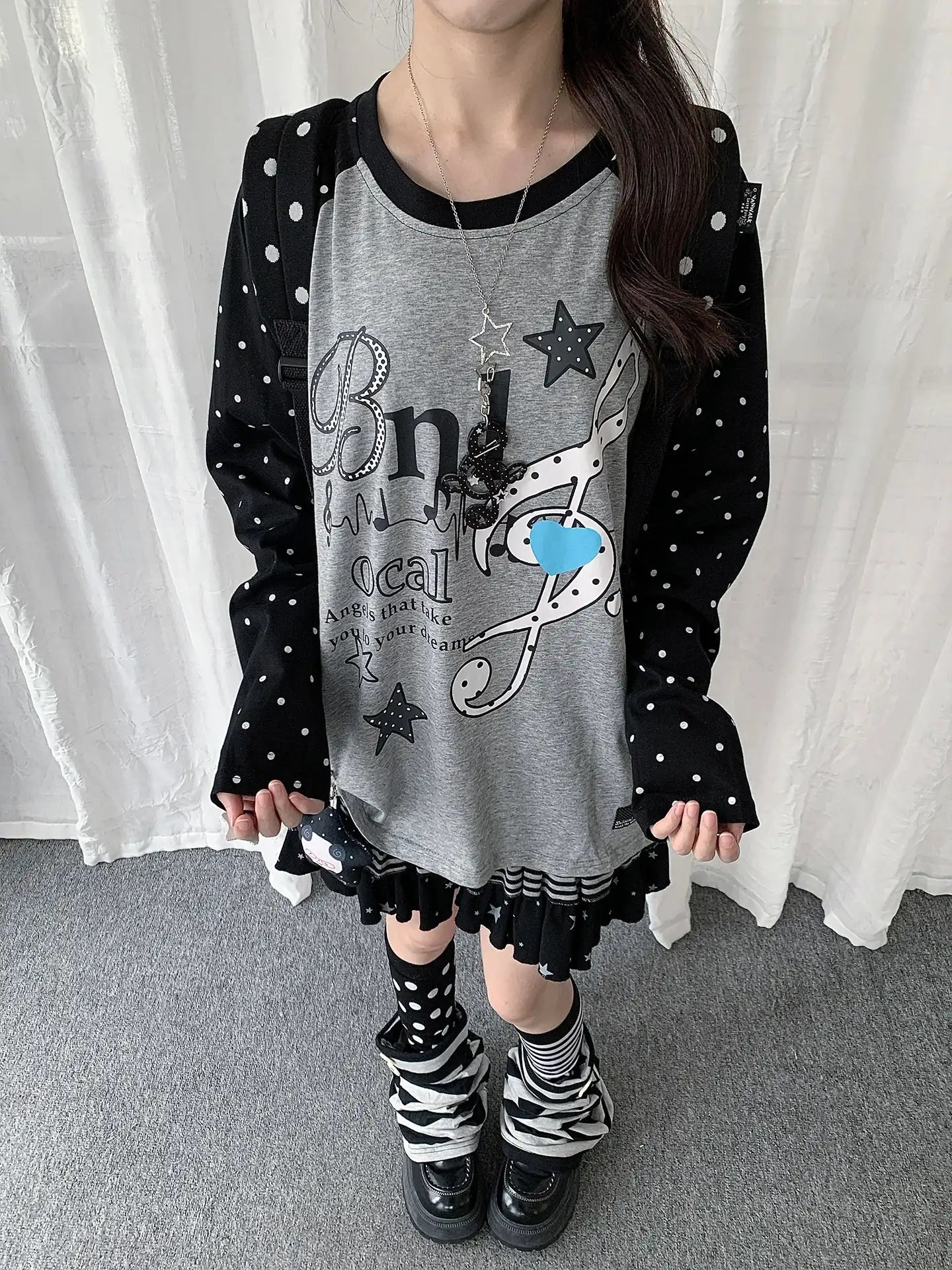 Polka Dot Music Note Layered Long Sleeve Tee OL2387