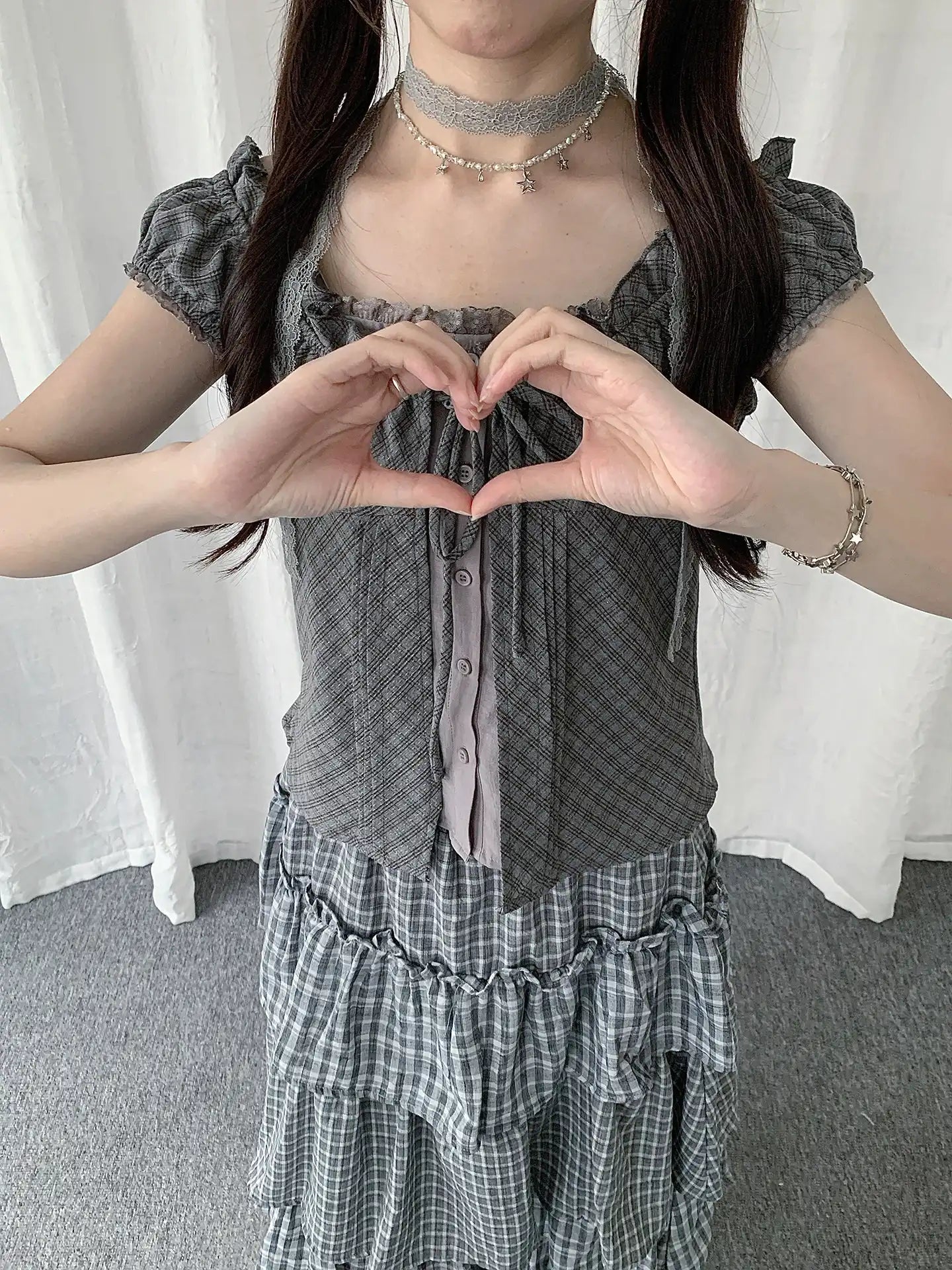 Plaid Lace Layered T-Shirt OL2278
