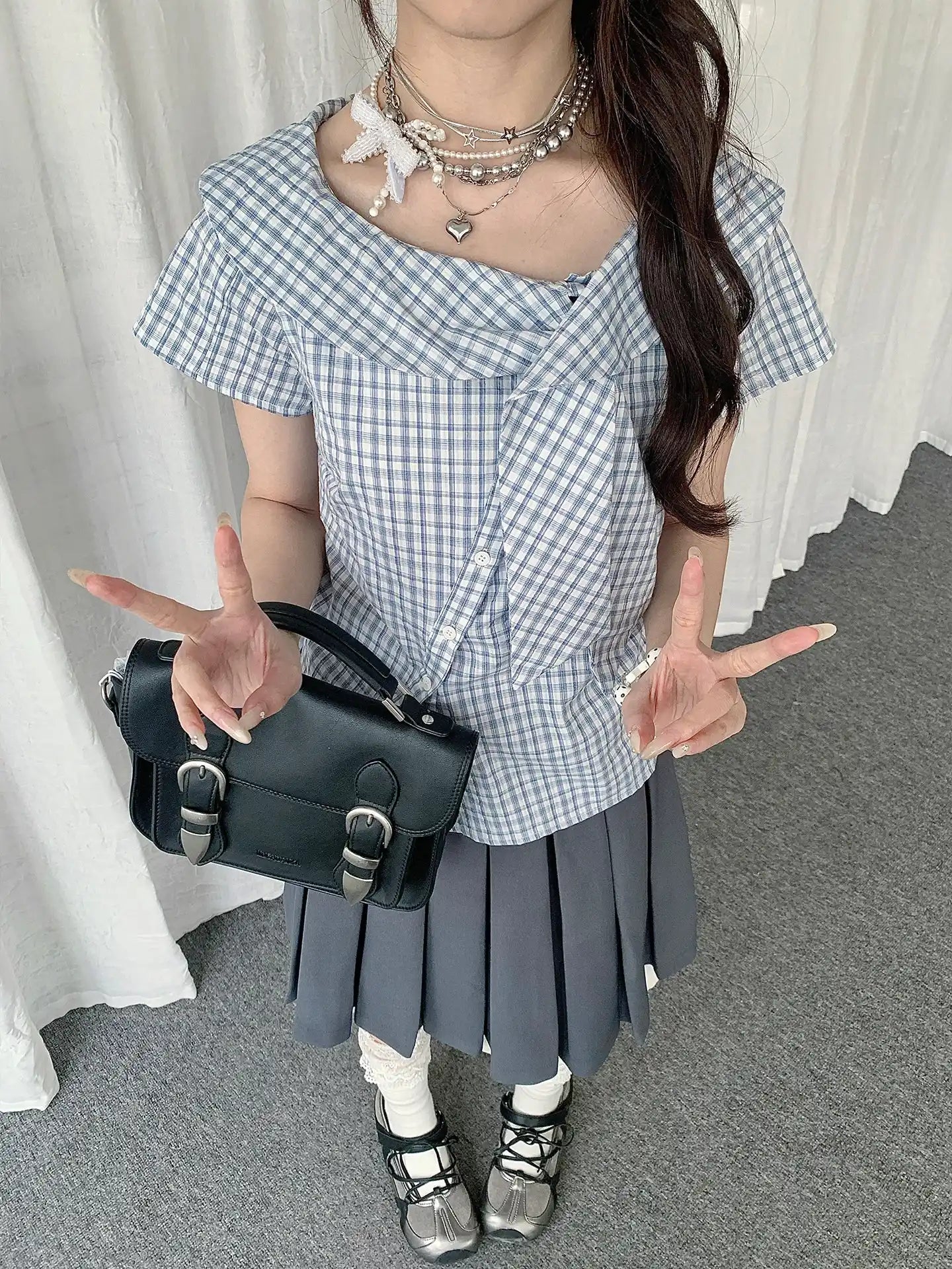 Irregular Collar Check Short Sleeve Blouse OL2290