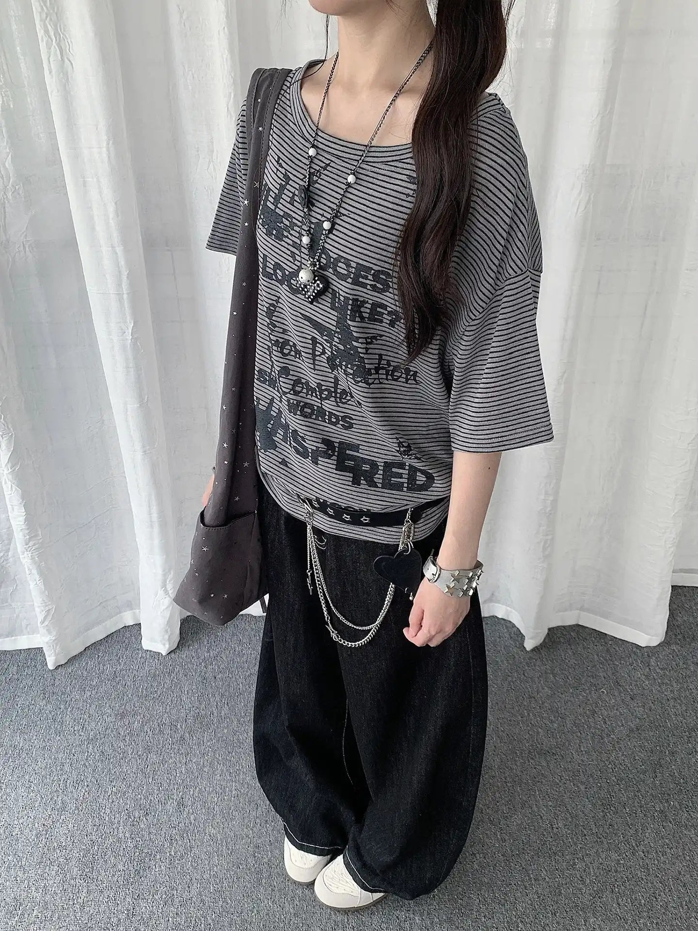 Vintage Stripe Drawstring Shoulder T-Shirt OL2286