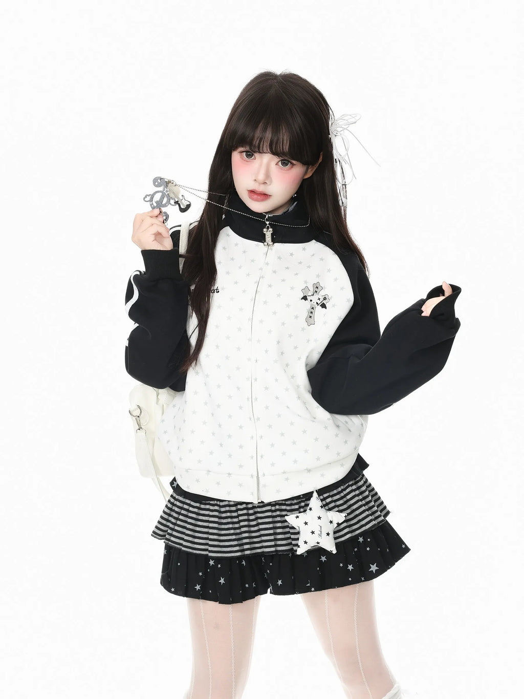 Star Embroidered Stripe Zip Up Sweatshirt OL2378