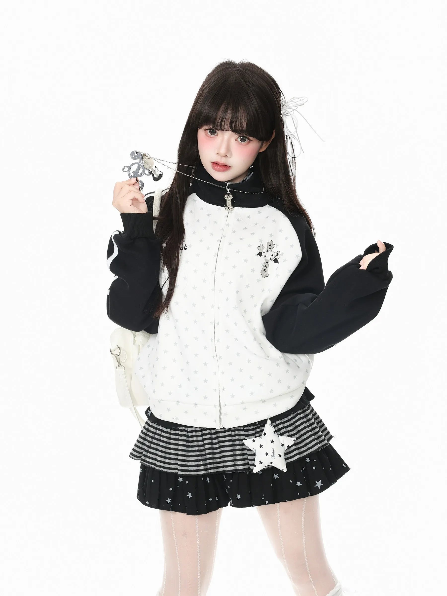 Star Embroidered Stripe Zip Up Sweatshirt OL2378