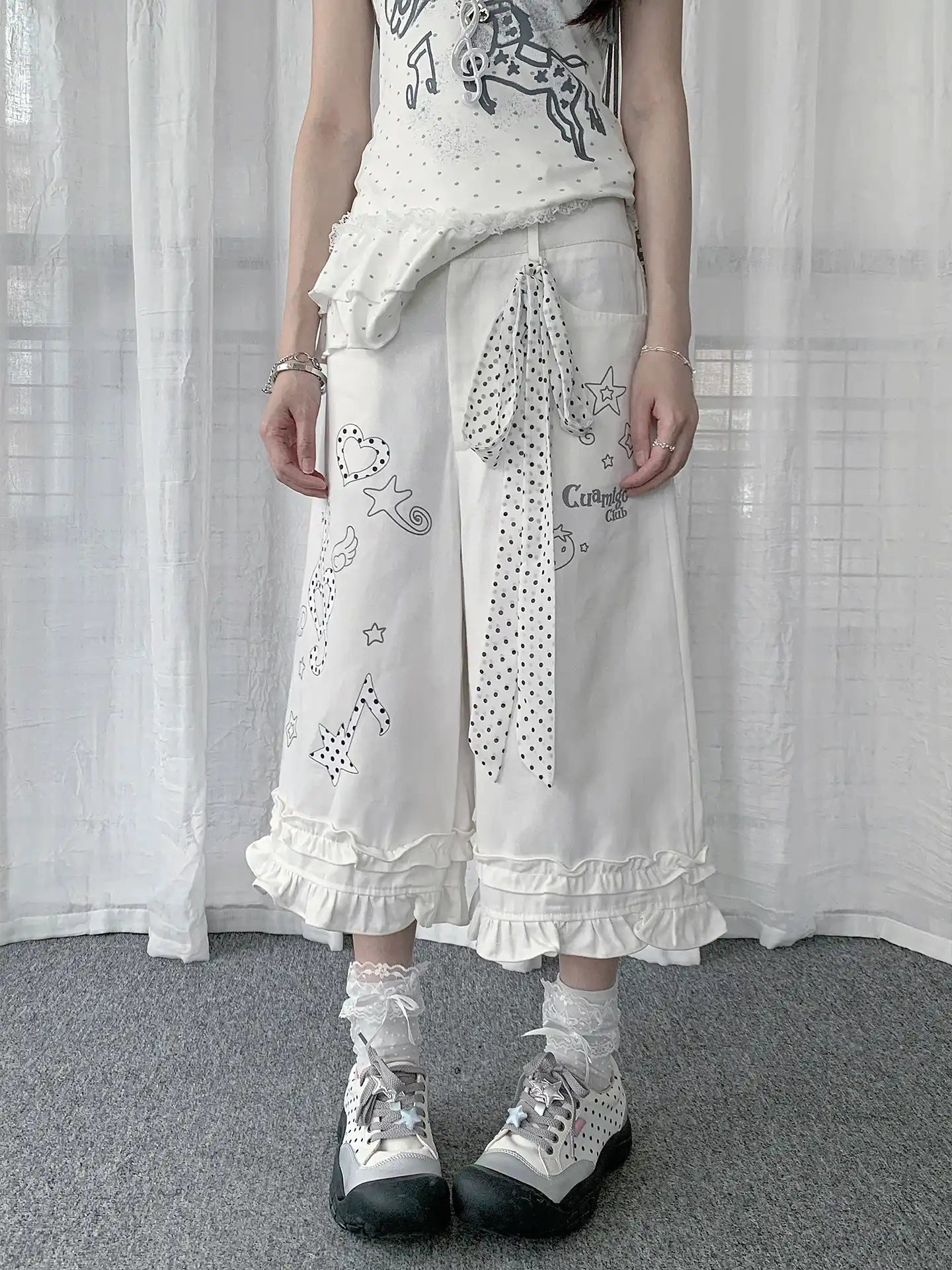Y2K Polka Dot Note Heart Ruffle Cropped Pants oliviroa オリヴィオラ