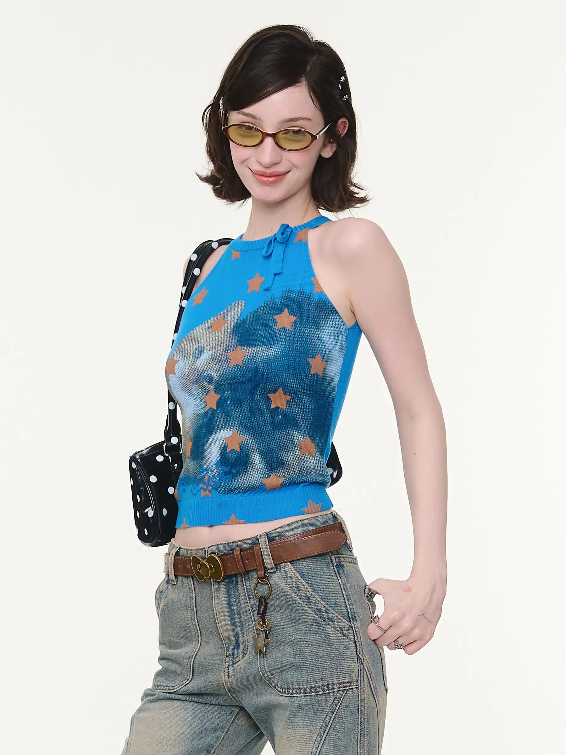 Bow Star Cat Graphic Slim Fit Tank Top OL2255
