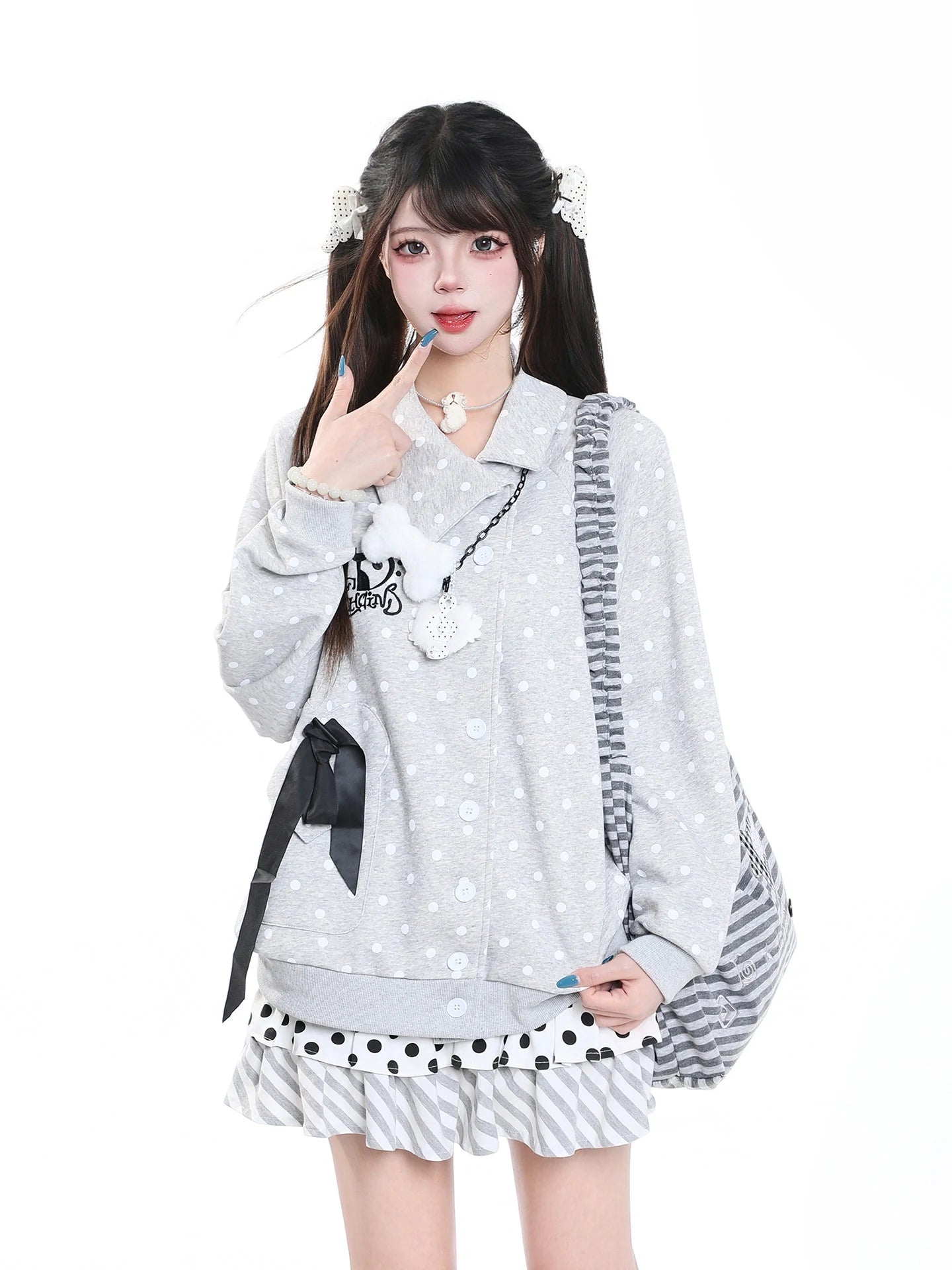 Polka Dot Bow Zip Up Hoodie OL2381
