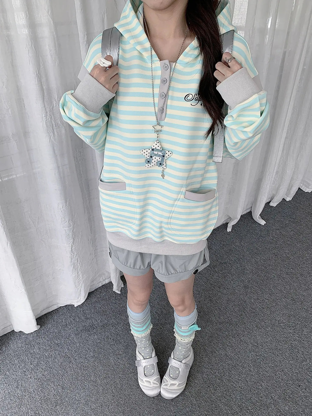 Striped Layered Half Zip Hoodie OL2434