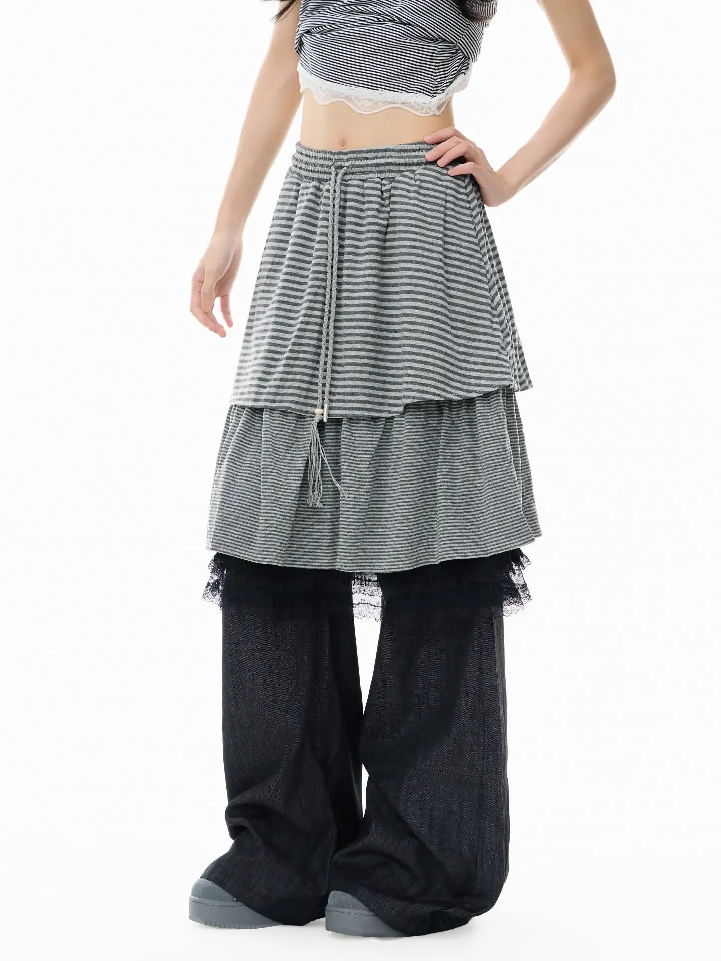 Striped Lace Layered Wide Leg Pants OL2409