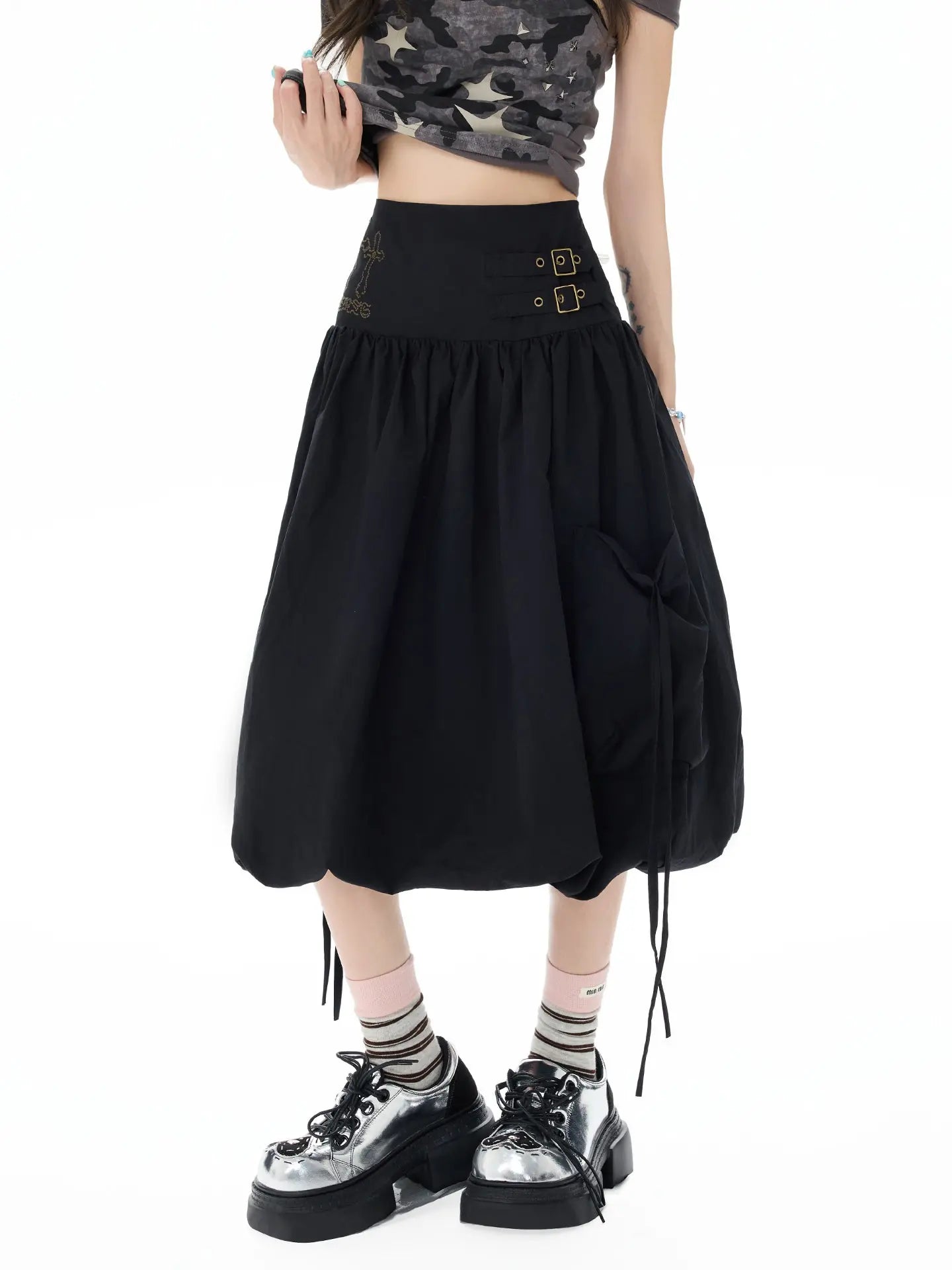 Studded Rhinestone Tie Bubble Skirt OL2410
