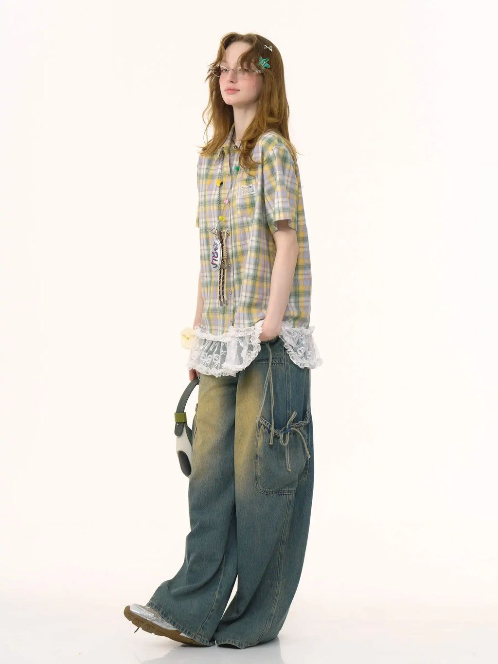 Plaid Lace Patchwork Short Sleeve Shirt OL2261