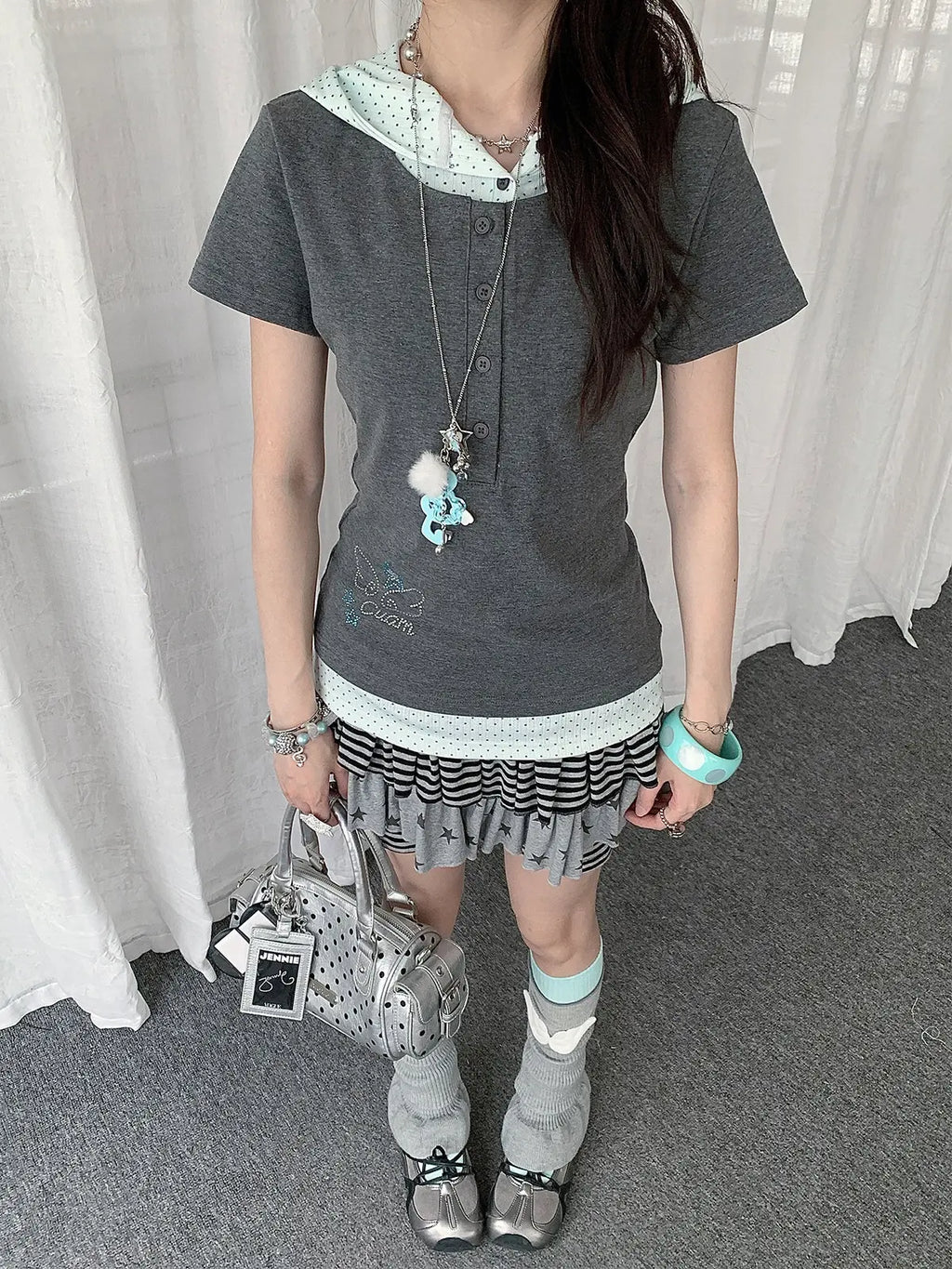Faux Layered Polka Dot Slim Tee oliviroa オリヴィオラ