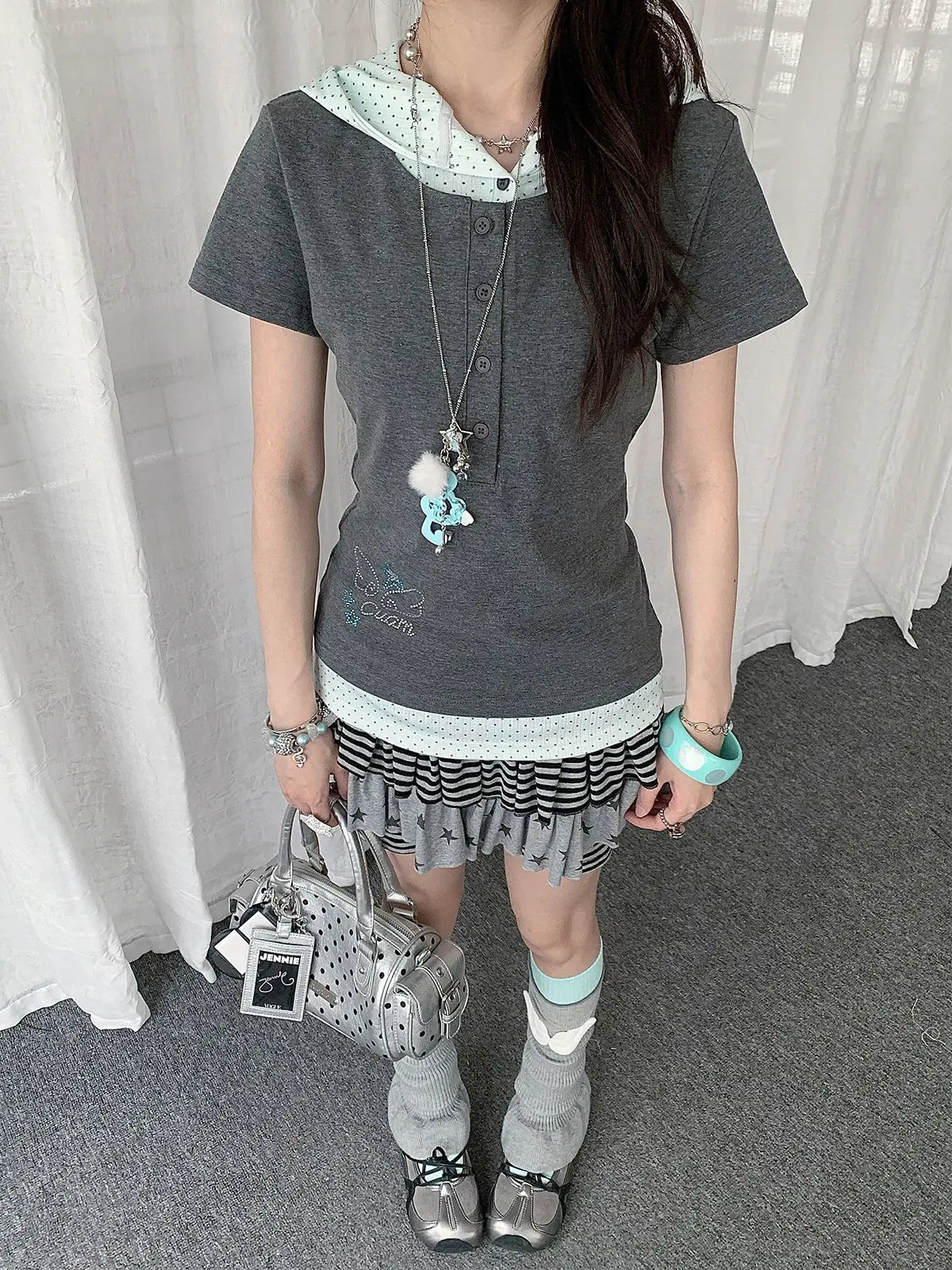 Faux Layered Polka Dot Slim Tee oliviroa オリヴィオラ