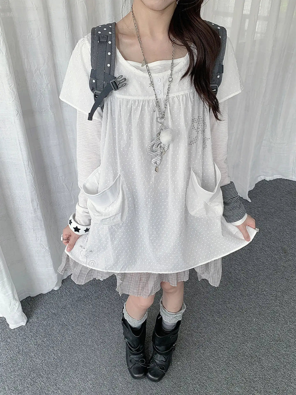 Polka Dot Layered Mesh Hem Dress OL2386