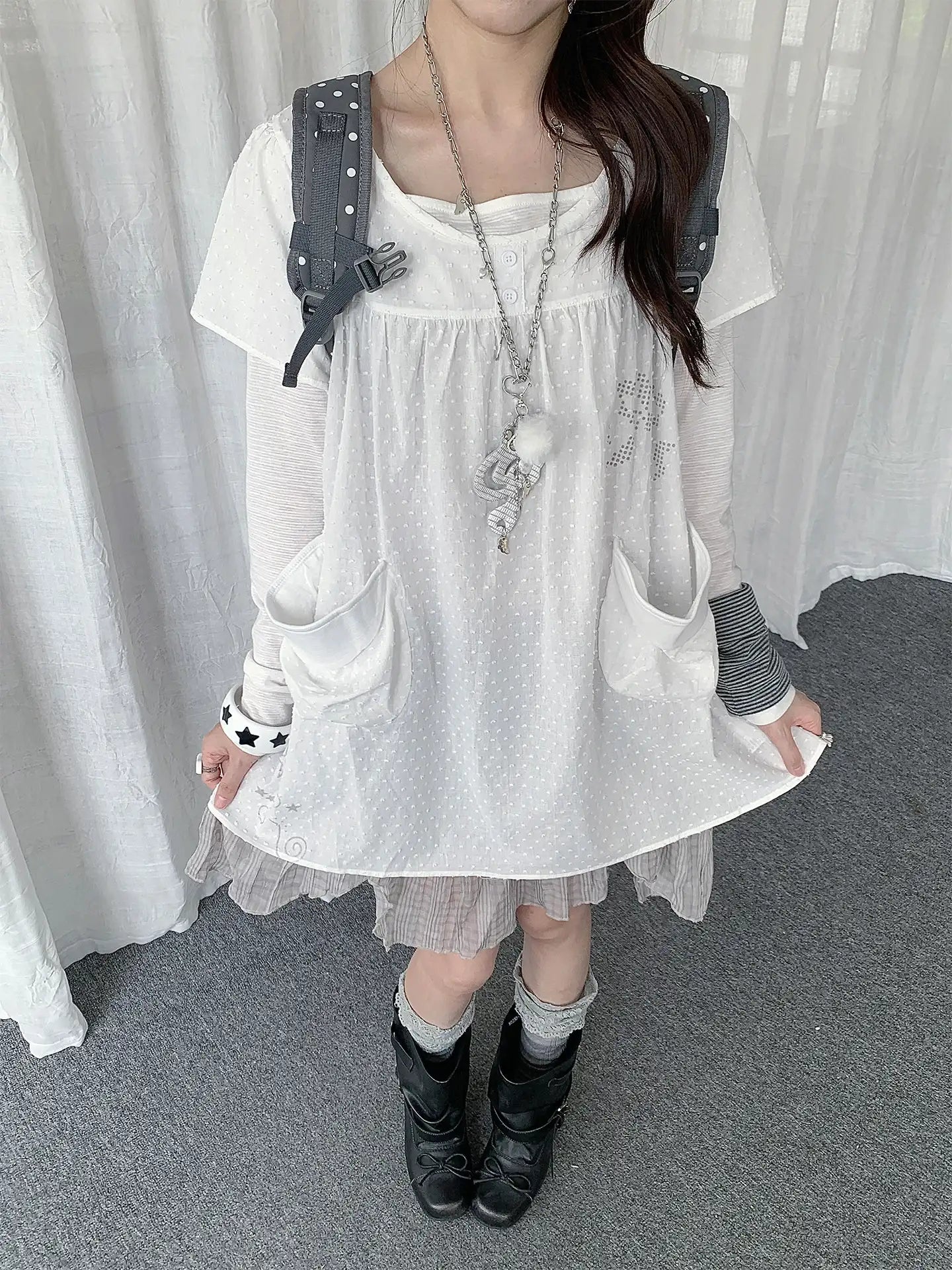 Polka Dot Layered Mesh Hem Dress OL2386