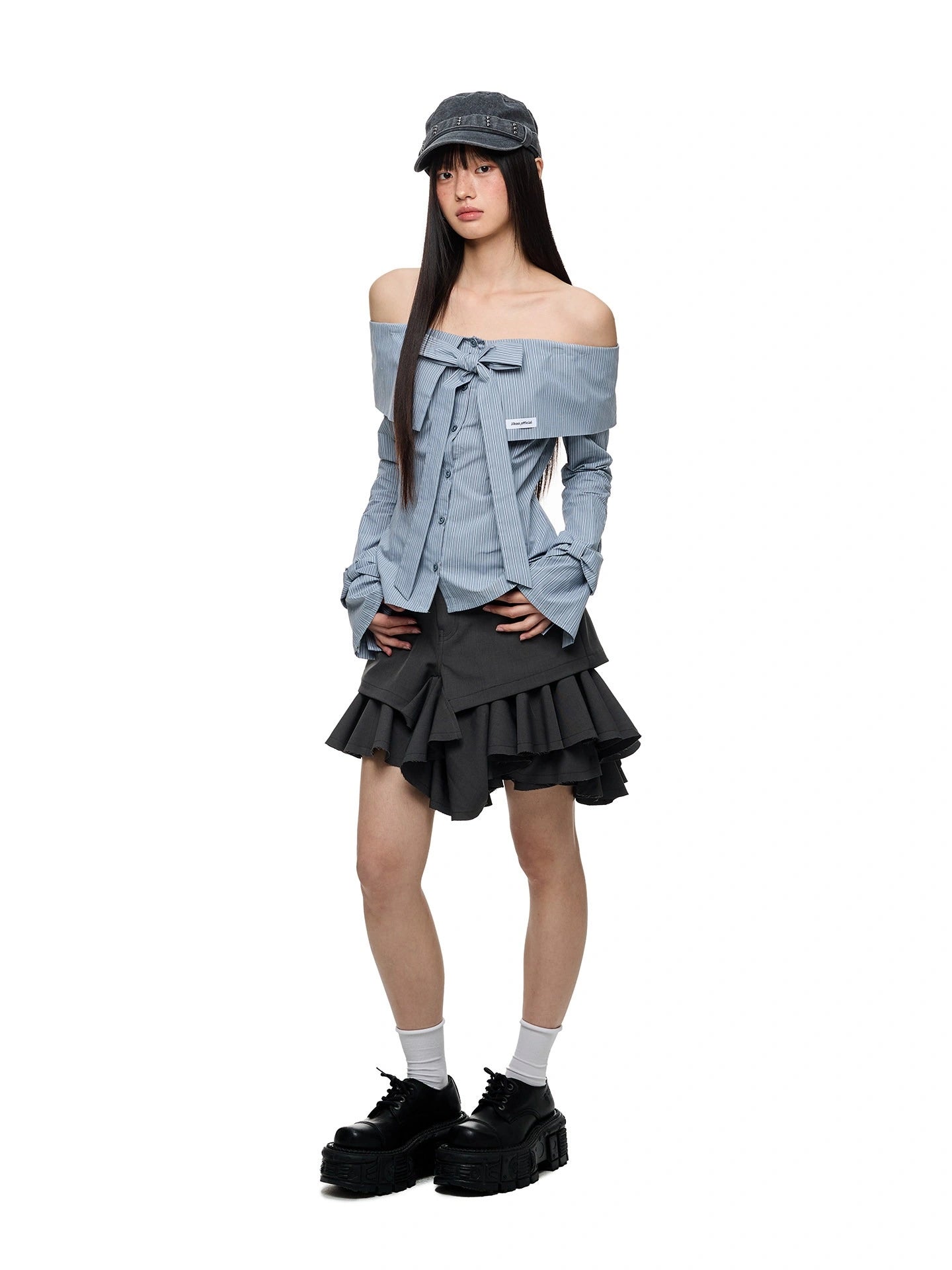 Off Shoulder Bow Tie Waist Fitted Shirt OL2268