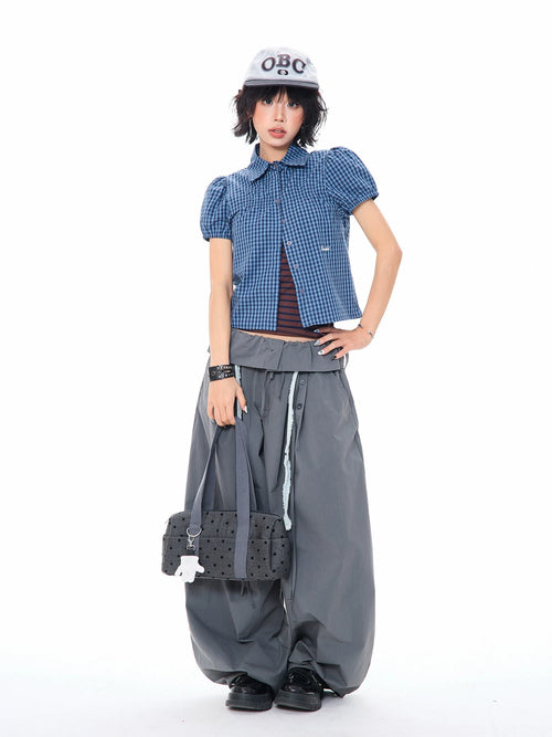 Blue Gingham Puff Sleeve Crop Shirt oliviroa オリヴィオラ