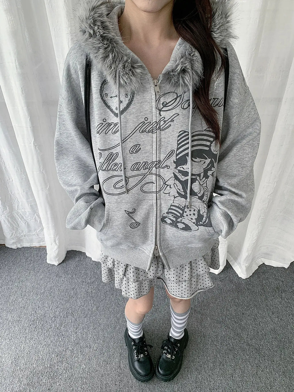 Girl Graphic Fur Collar Hoodie Cardigan oliviroa オリヴィオラ