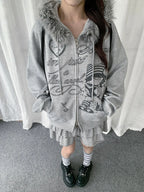 Girl Graphic Fur Collar Hoodie Cardigan oliviroa オリヴィオラ