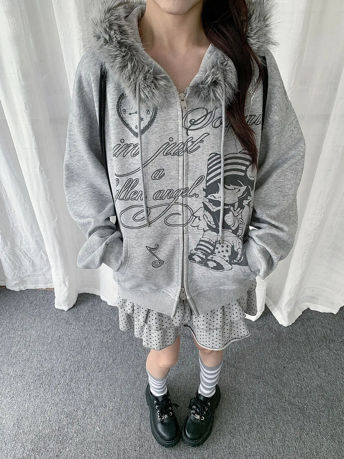 Girl Graphic Fur Collar Hoodie Cardigan oliviroa オリヴィオラ