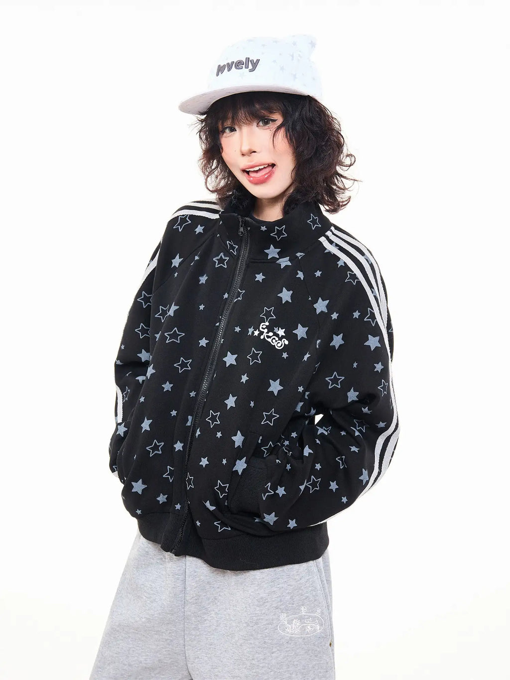 Star Print Oversized Stand Collar Zip Hoodie Cardigan OL2323