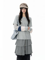 Grey Lace Patchwork Layered Long Sleeve Tee oliviroa オリヴィオラ
