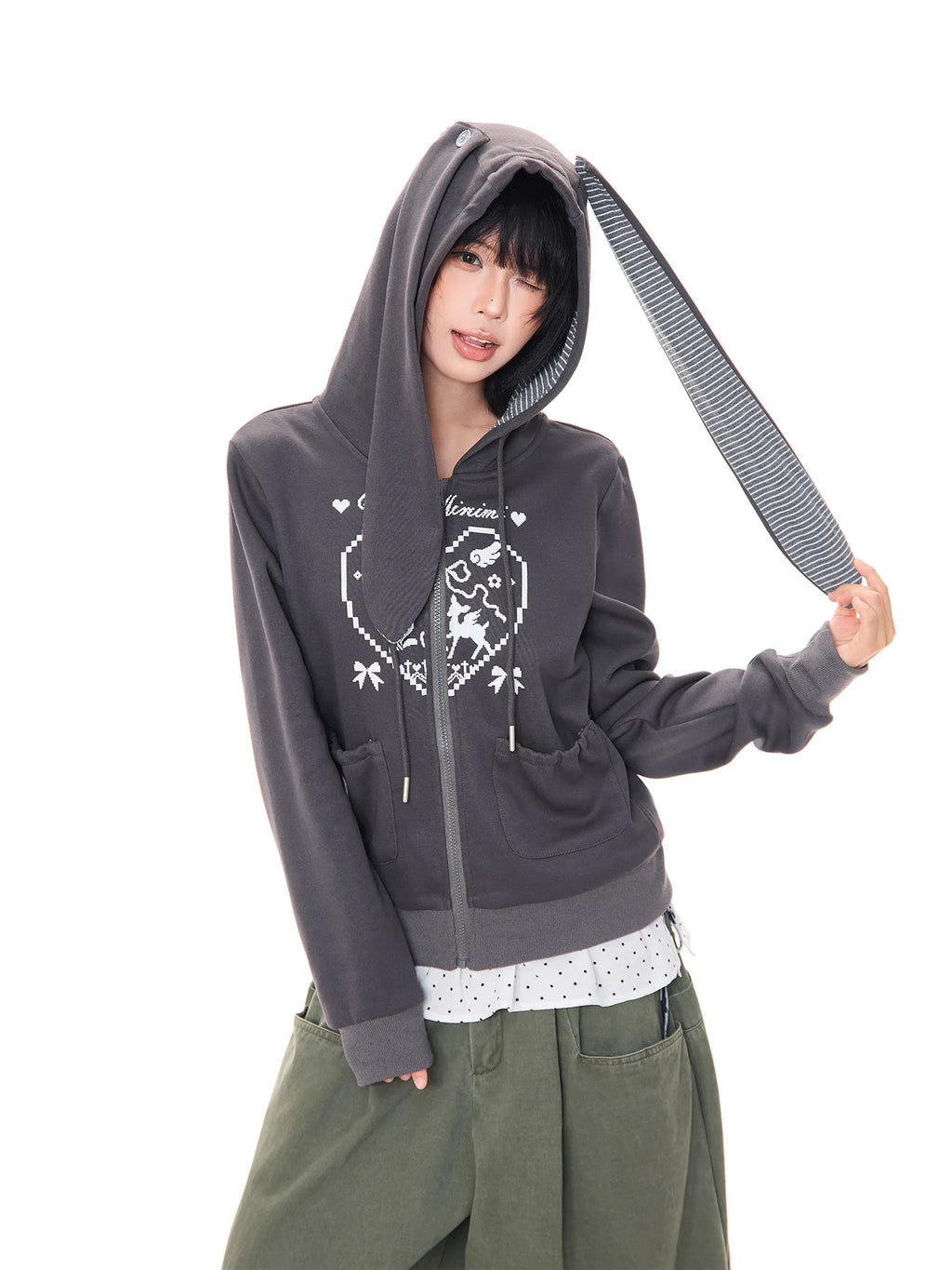 Heart Print Bunny Ear Zip Hoodie oliviroa オリヴィオラ
