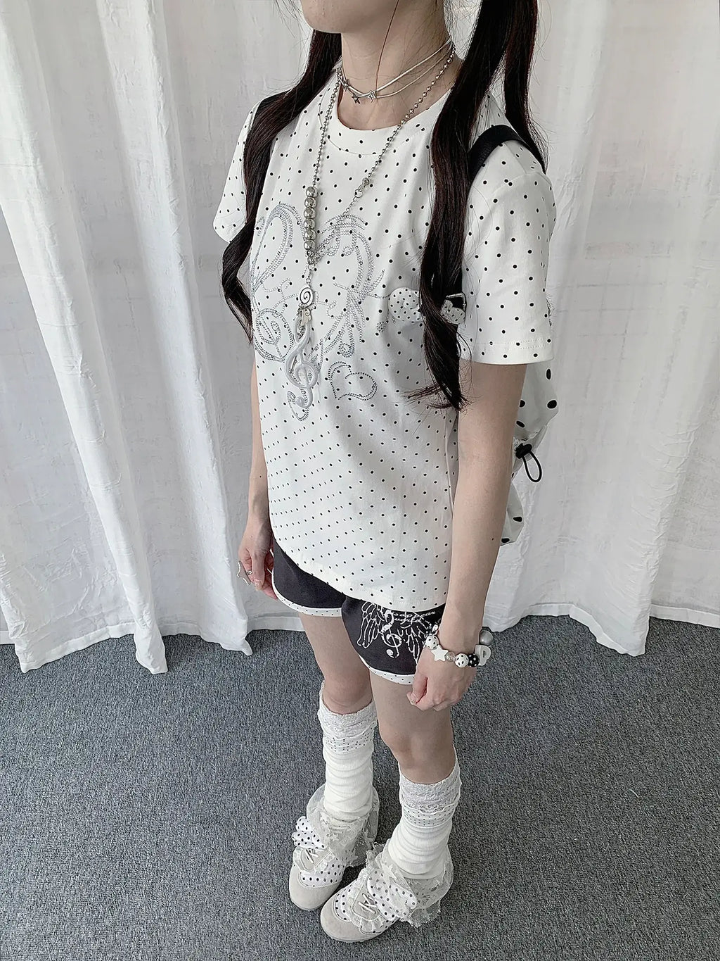 White Polka Dot Heart Note Slim Fit Tee OL2332