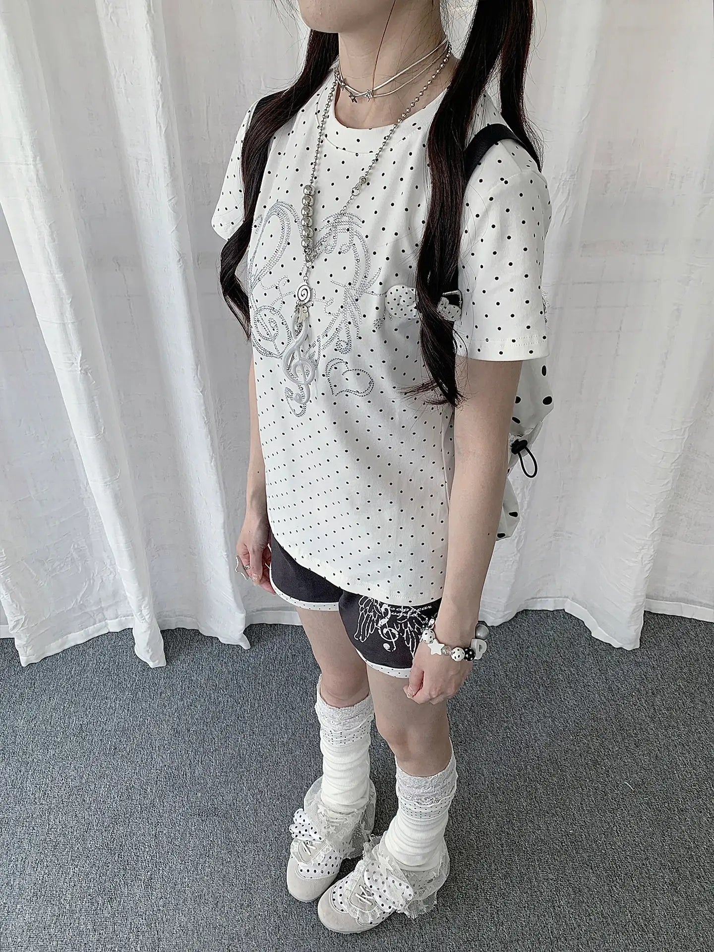 White Polka Dot Heart Note Slim Fit Tee OL2332
