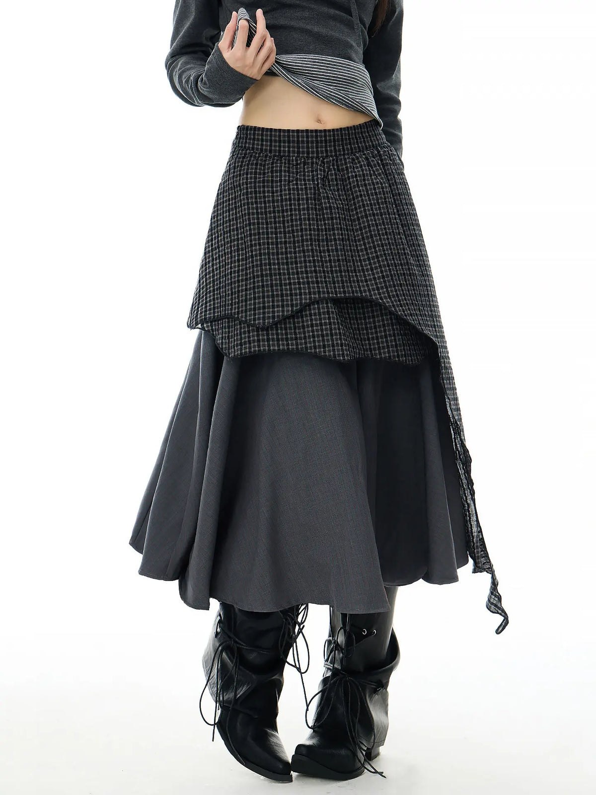 Asymmetric Plaid Layered Maxi Skirt oliviroa オリヴィオラ