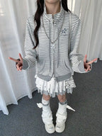 Y2K Striped Double Zip Stand Collar Hoodie   OL2237