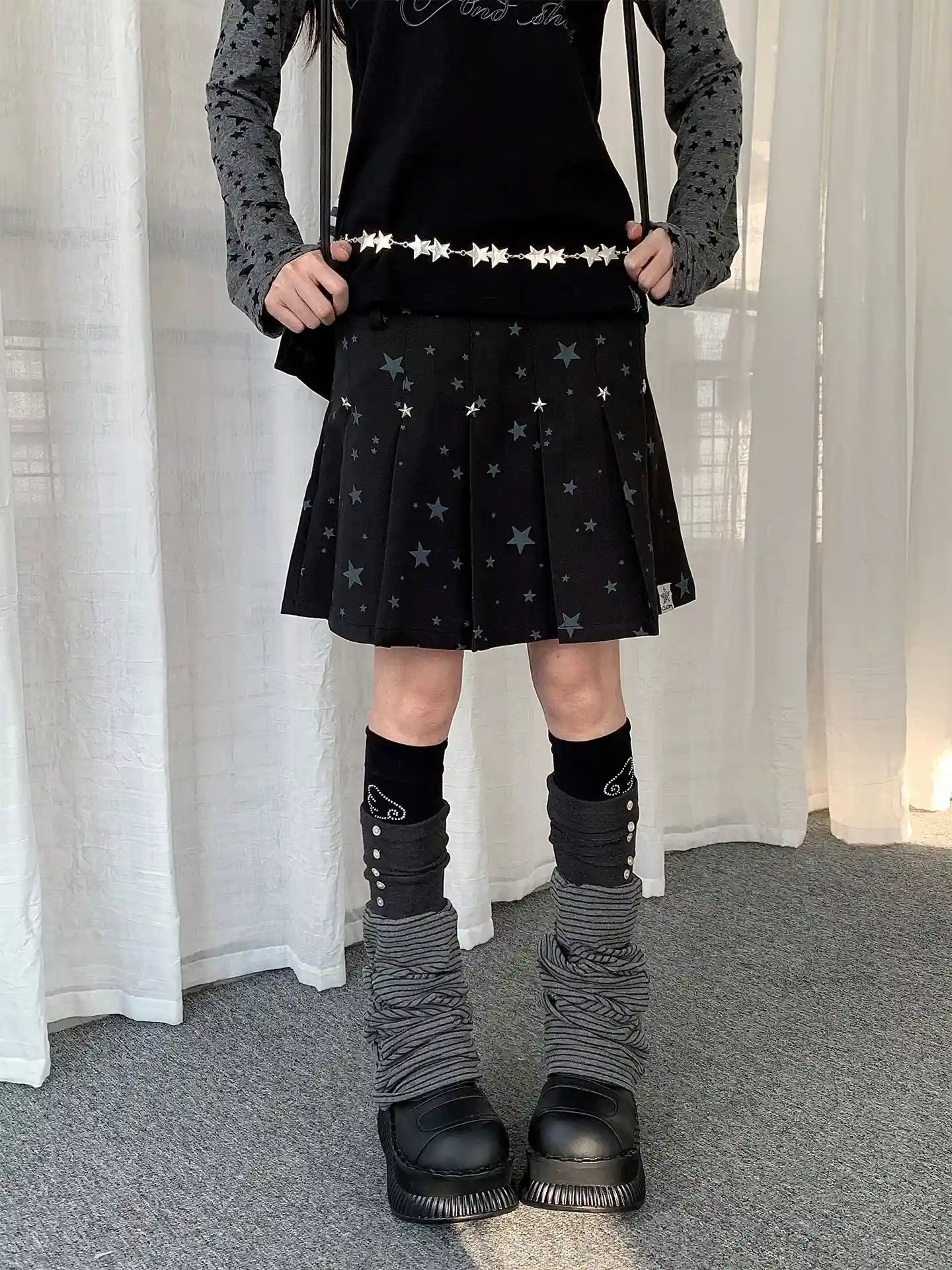 Y2K Star Print Pleated Skirt   OL2238