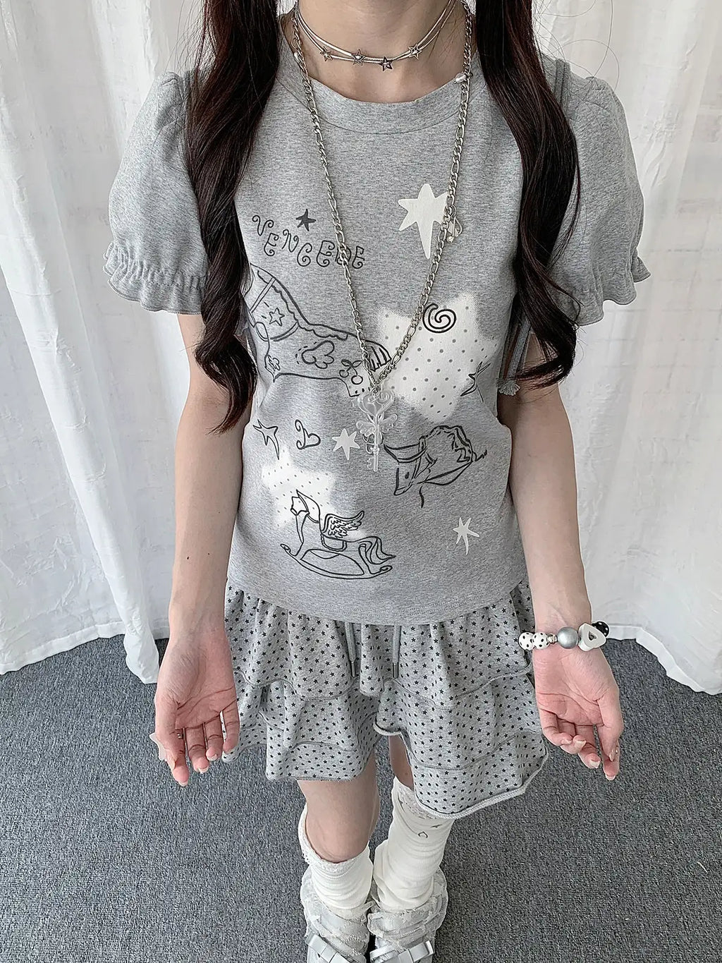 Horse Print Puff Sleeve Slim Fit Tee Y2K oliviroa オリヴィオラ