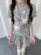 Horse Print Puff Sleeve Slim Fit Tee Y2K oliviroa オリヴィオラ